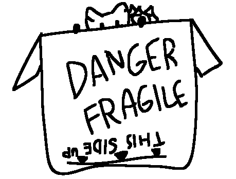 a three tailed fox peaking out from the top of a box. the box says "Danger! Fragile!" and on the bottom of the box is writted "this side up", however it is written upsidedownFeb 21 2022