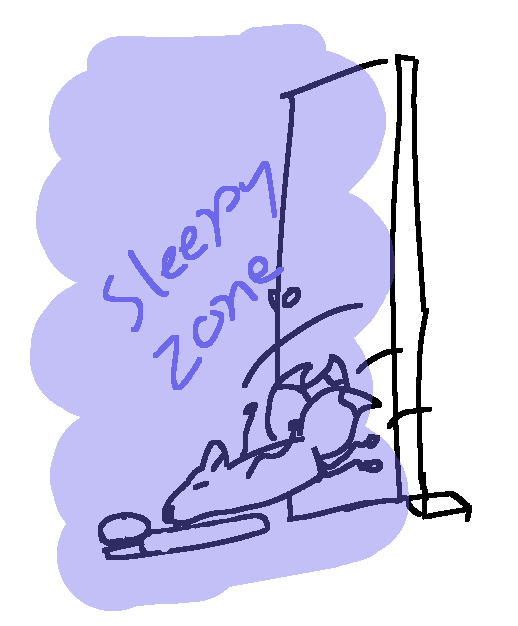 a three tailed fox steping through a front door and entering a purple area with the title "sleepy zone", they fall asleep and fall into a bed as soon as they doMar 12 2022