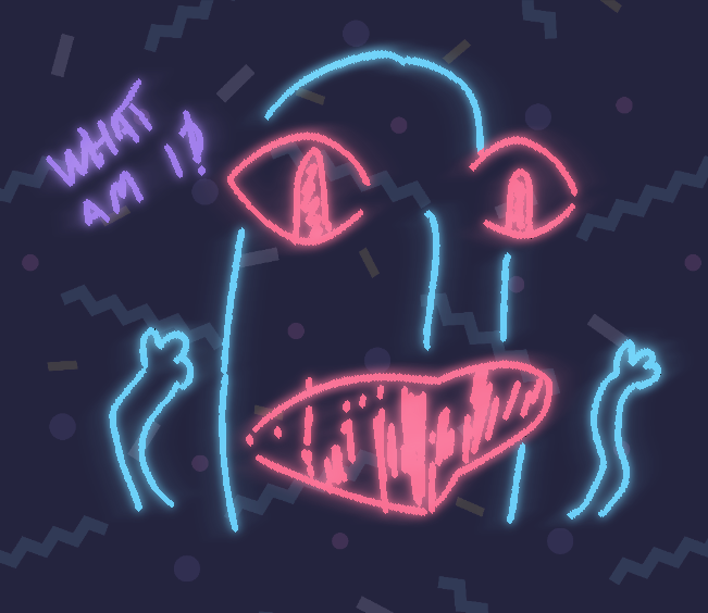 a noodly puppet like creature screaming "what am i‽", the lines of the drawing are neon and streaked, the background is an 80s lines and dots patternApr 06 2022