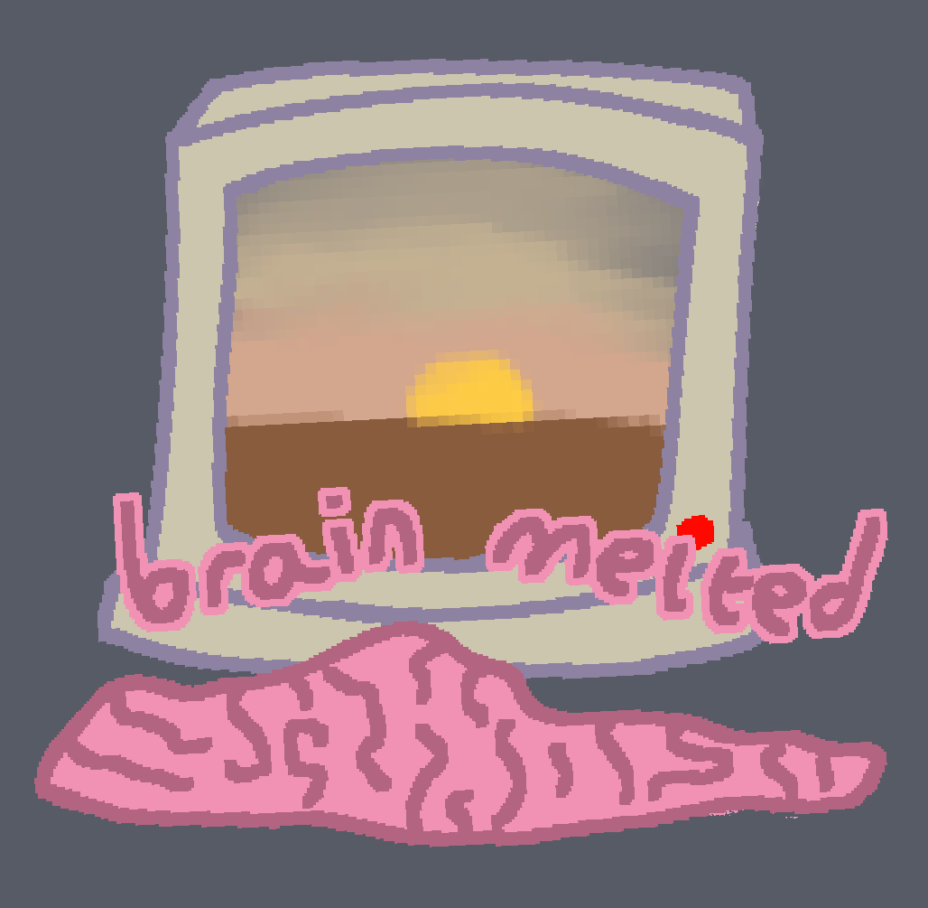 a melted brain in front of a computer screen showing a sunset, text reads "brain melted"Apr 29 2022