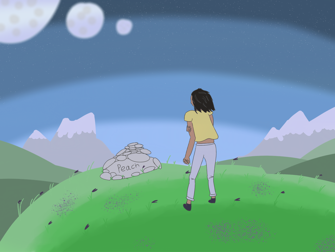 A person overlooking a pile of rocks on the edge of a cliff, the pile has the word "Peach" etched into it. There are three moons in the evening sky.Jun 03 2022