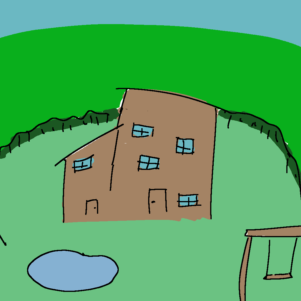 a drawing of a house in a clearing oh a large forest, with a pond and a swing in the foreground of the drawing Feb 12 2022