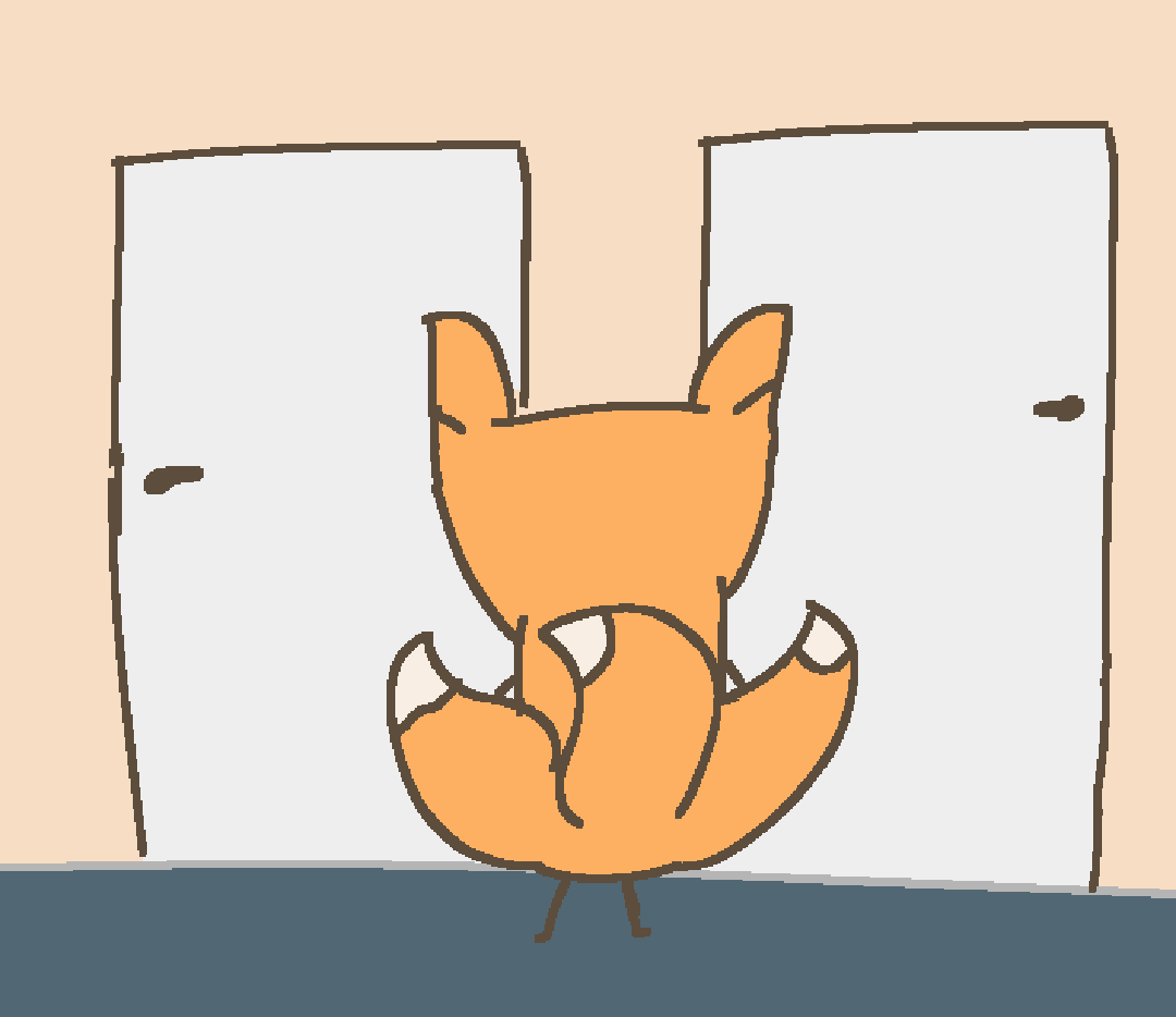 a three tailed fox standing in front of two doors, looking towards themApr 28 2022