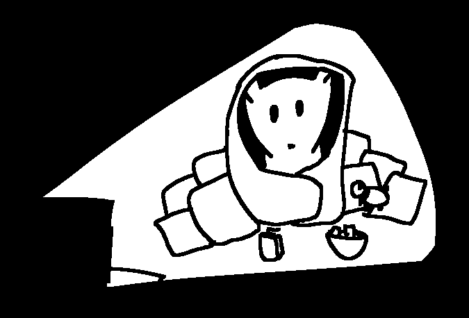 A drawing of a dark room lit by a laptop, with a fox snuggled in a blanket in a pile of pillows, they have a stuffed sheep toy to their side, a bowl of cips, and a juice box. they are watching the laptopMar 07 2022