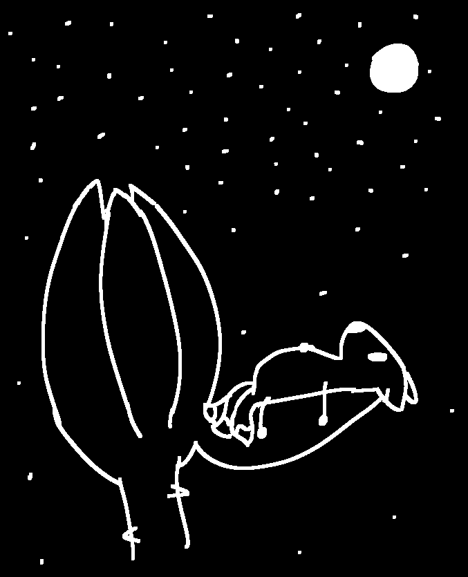 a white on black drawing of a three tailed fox laying on their back on a petal of a flower staring up at a star filled skyFeb 15 2022