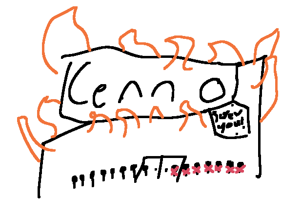 A drawing of a centrelink centre, on fire witha sign saying "screw you!" attached to it. There is a line of people entering it and a line of people exiting. The exiting people each have a red cross on them showing they were denyed supportsMar 18 2022