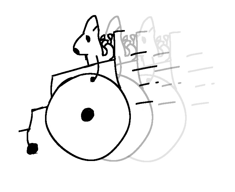 a three tailed fox in a manual hospital style wheelchair with 2 afterimages and speed linesFeb 26 2022